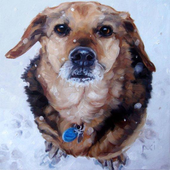 F&S Gift Store Snowbound Pooch, CUSTOM Pet Portrait Oil Painting by puci, 10x10"