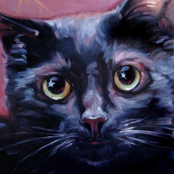 F&S Gift Store Mystical Black Cat, custom cat painting, Pet Portrait Oil Painting by puci, 8x8"