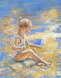 F&S Gift Store Custom Oil Portrait Painting on canvas of little girl playing with sand shovel on beach. Realistic style with abstract art background