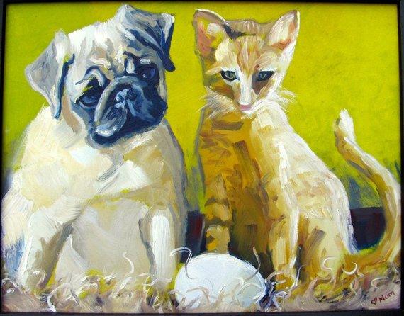 F&S Gift Store Custom Pet Portrait DEPOSIT... Cat and Dog, Original Oil Painting, Home Decor, Fine Art, Milo and Otis... 11" x 14"