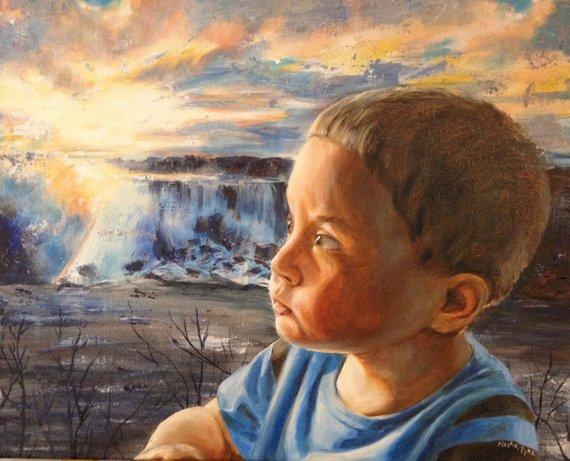 F&S Gift Store Custom oil portrait of child. Young boy with Niagara Falls background, handmade painting on canvas, realistic