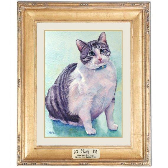 F&S Gift Store Cat Memorial Painting with Personalized Name Plate Watercolor or Oil Pet Portrait from Photos by Janet Zeh Original Art