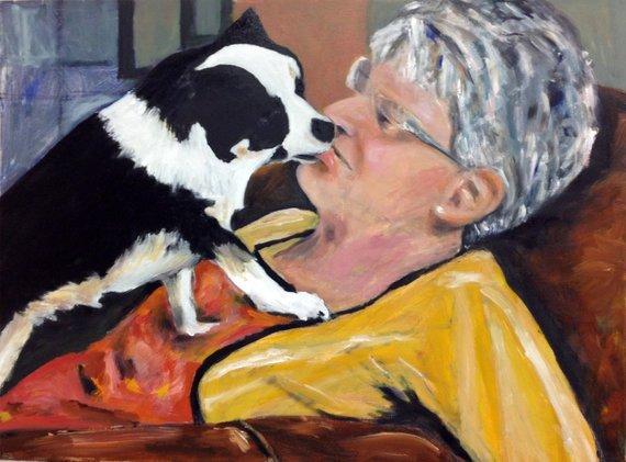 F&S Gift Store Mom and Puppy Dog Kissing Wife Painting of Pet Custom Family Painting Portrait Original Oil Painting by Marlene Kurland 18x24 Sold