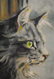 F&S Gift Store Long Hair Fluffy Gray Tiger Cat in the Rainy Window- Original Animal Feline Oil Painting- Custom Pet Portrait