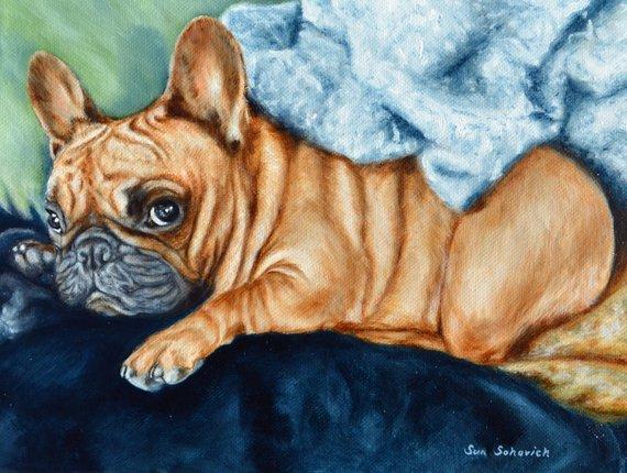 F&S Gift Store Christmas gift Idea, custom dog Painting, custom pet portrait, pet memorial, Portrait Commission,French Bulldog, personalized pet art 9x12"