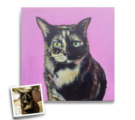 F&S Gift Store custom cat portrait custom pet painting on 10x10 canvas oil and acrylic original from photo tortoiseshell lavender decor