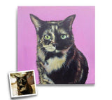 F&S Gift Store custom cat portrait custom pet painting on 10x10 canvas oil and acrylic original from photo tortoiseshell lavender decor