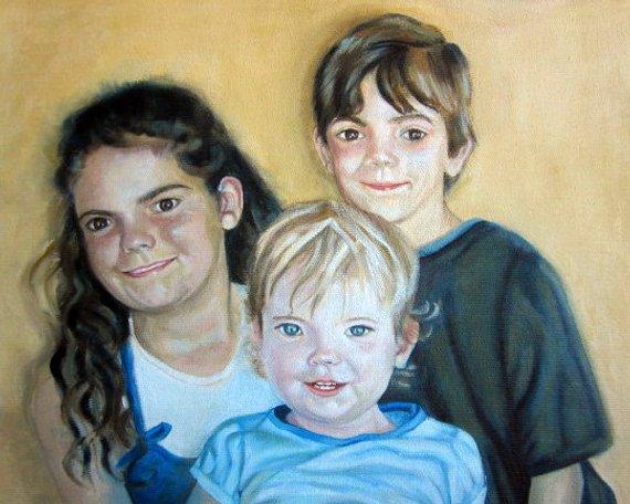F&S Gift Store Custom family portrait oil painting on canvas of three people, children, grandchildren, family group, painting from photos, heirloom art