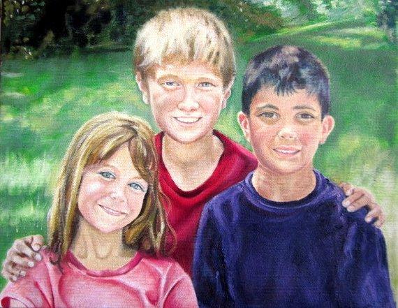 F&S Gift Store Custom portrait oil painting on canvas of 3 people, family portrait, children, grandchildren, mom dad granny grandad family memories