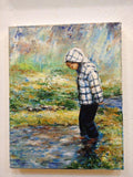 F&S Gift Store Puddles custom portrait painting of young child exploring on a rainy day