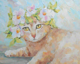 F&S Gift Store Kitty in wreath of flowers Crown Rose Original Oil Painting Canvas Cat Custom Pet Portrait Still Life Pastel Colors Russian Artist Artwork