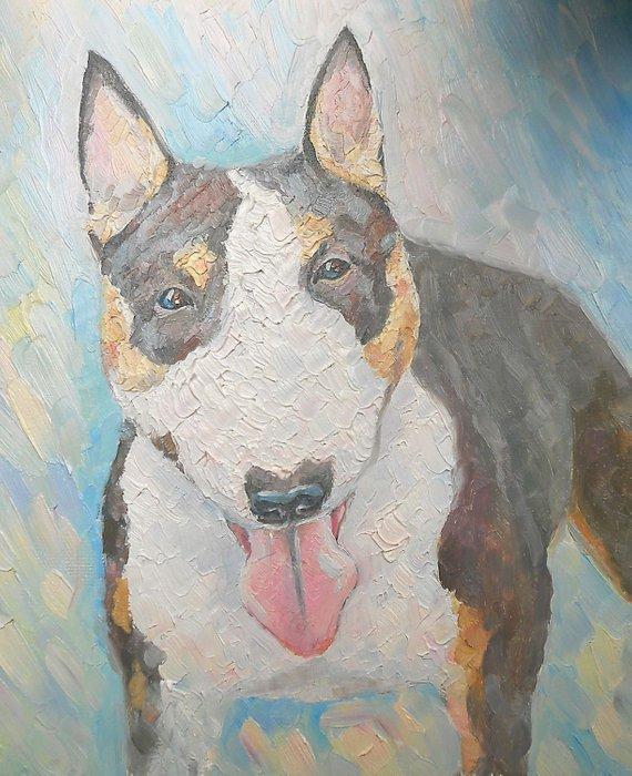 F&S Gift Store Custom Dog Portrait Memorial Art made to order Oil Painting Pastel art from photo Palette knife Puppy Animal Personalized gift Bullterrier