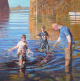F&S Gift Store Custom family portrait oil painting on canvas of three people, children, grandchildren, family group, painting from photos, heirloom art