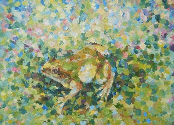 F&S Gift Store Frog Oil Painting Pastose Artwork Anuran in Clover Custom Pet Animal Portrait Reptile Amphibian Wild Nature gift for kids room Green Art