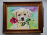 F&S Gift Store CUSTOM DOG PORTRAIT Miniature oil painting Hand painted Framed Fine Art Dog with Rose Flower Personalised gift for dog lover Father's Day