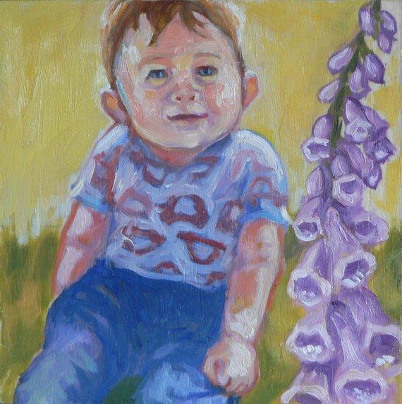 F&S Gift Store Baby Small Original Oil Painting Summer Garden Custom Portrait on Wood